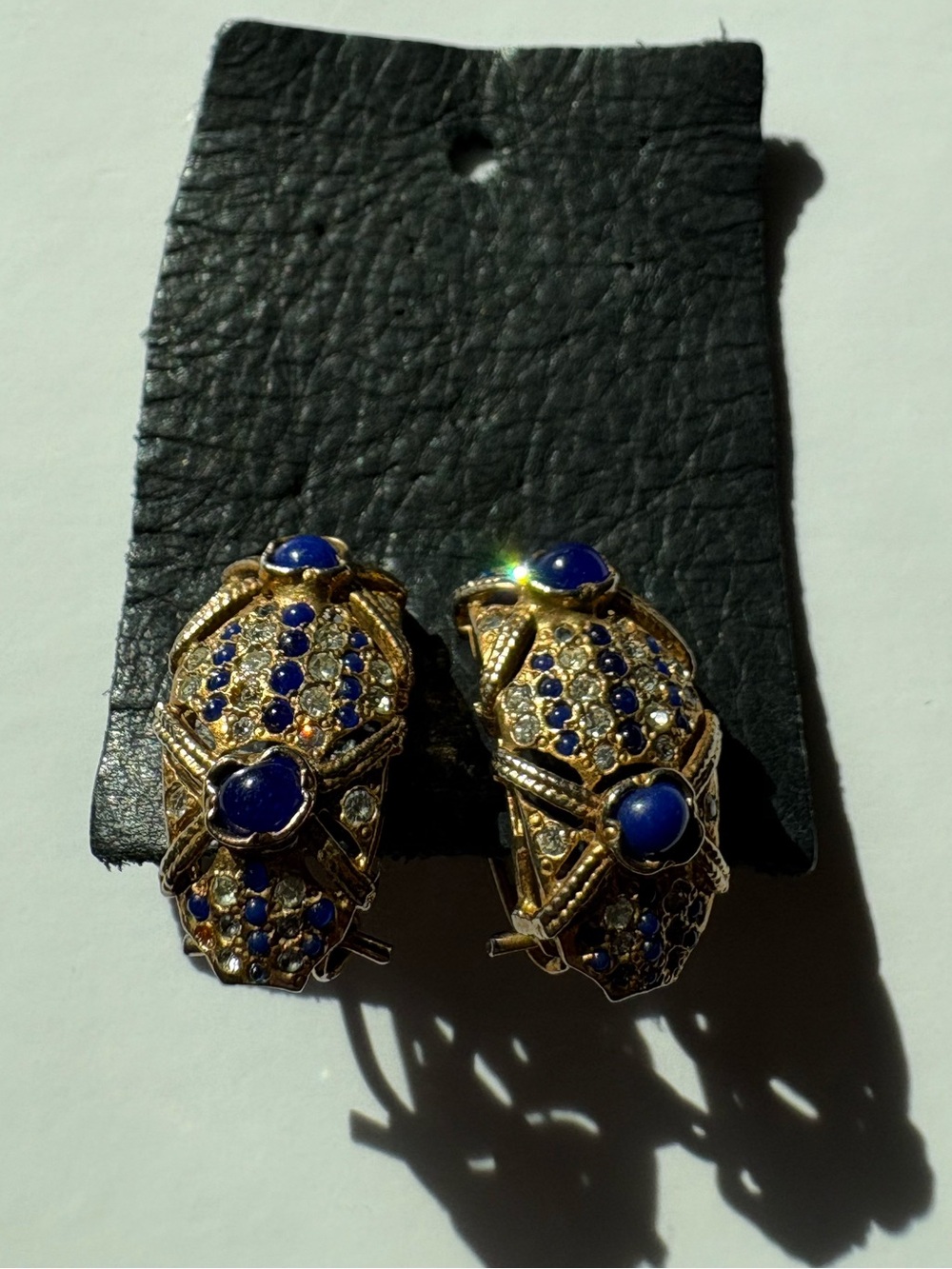 Vintage Gold Domed Sculptural Lapis Cabochon Rhinestone Diamond Stud Earrings - Picture 12 of 16
